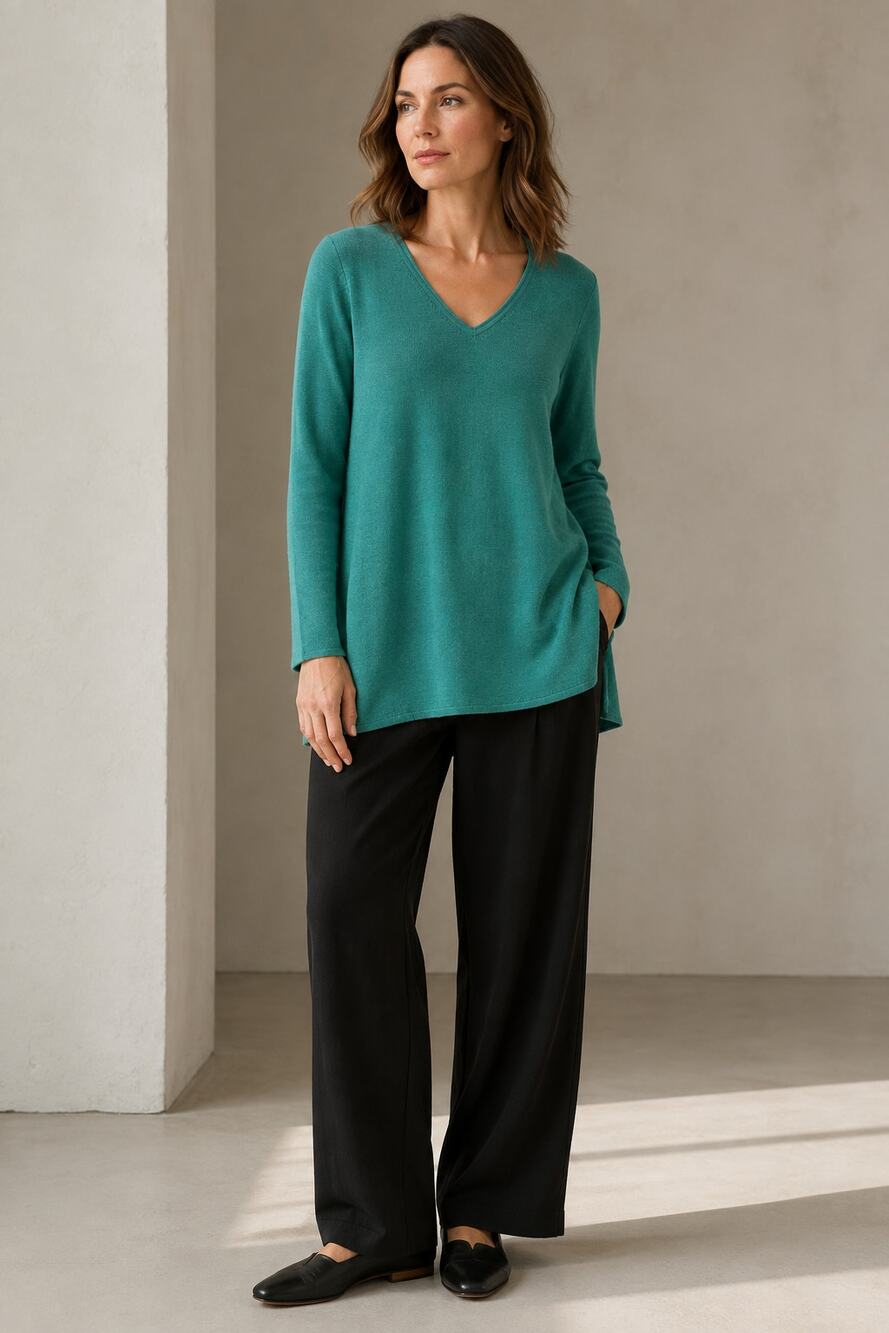 Eileen Fisher Merino Wool V Neck Tunic Sweater L NWT Emerald Green Minimalist